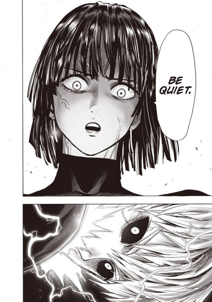 Fubuki stares at Genos and tells him to be quiet.