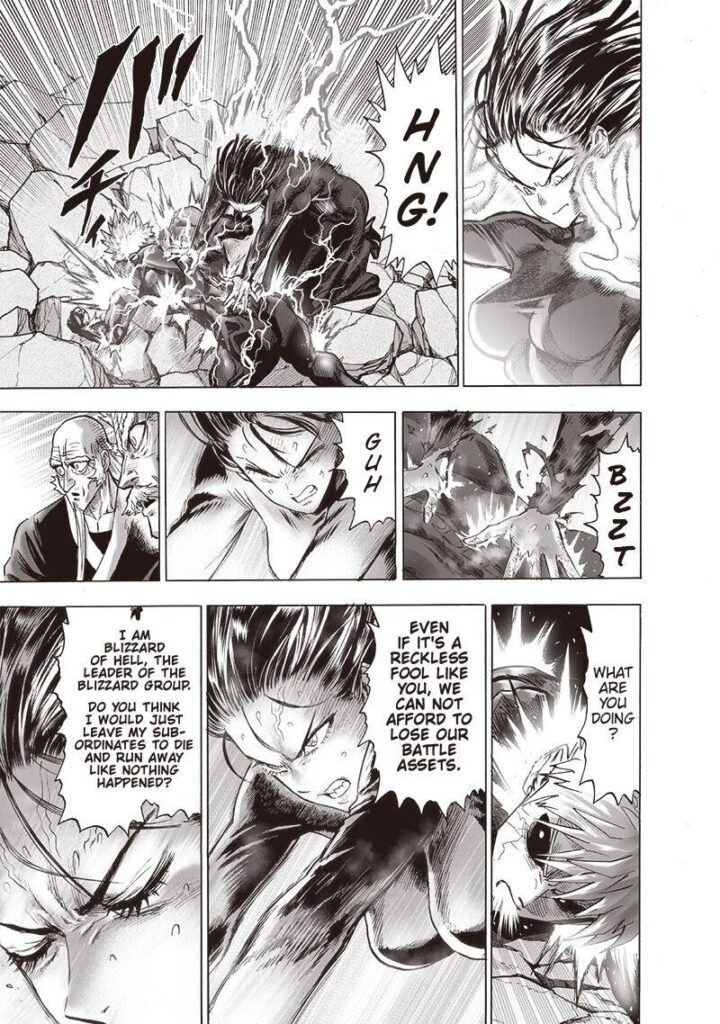 Lightning emerges as Fubuki touches Genos' unstable body with his hands, trying to save him from exploding.