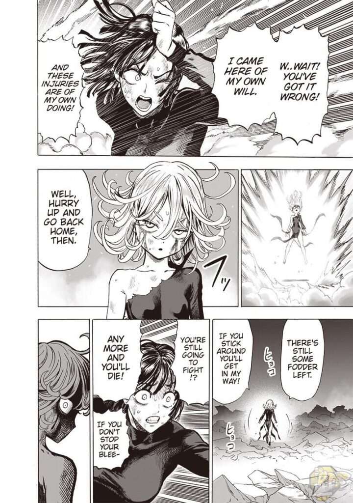 Tatsumaki stops after Fubuki explains she came to her by her will. She starts leaving, but Fubuki tries to stop her.