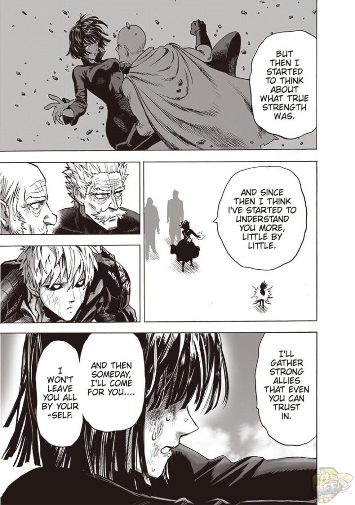 Bang, Bomb, and Genos listen to Fubuki's speech while restraining her sister, Tatsumaki.
