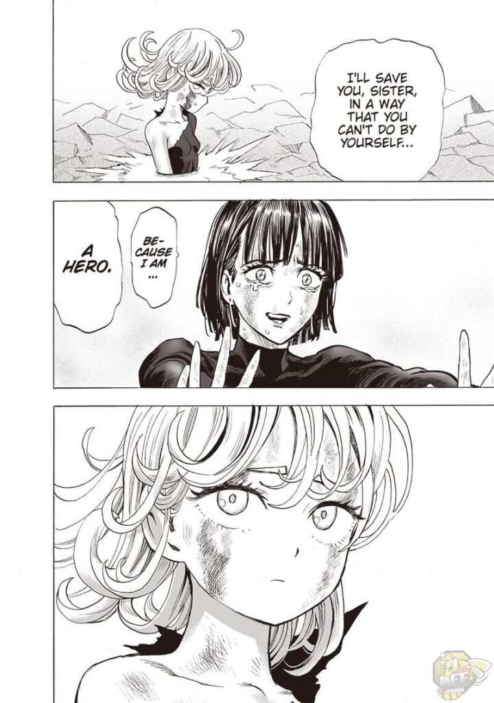 Fubuki sheds tears, and Tatsumaki looks at her.