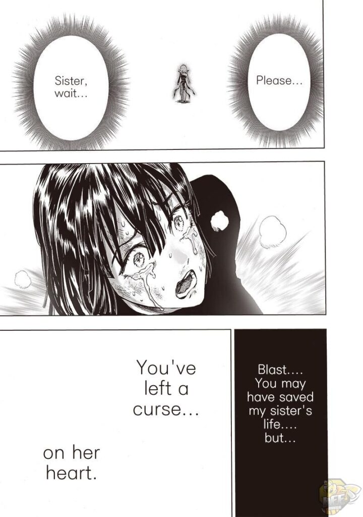 Fubuki cries while calling her sister. Tatsumaki keeps walking away.