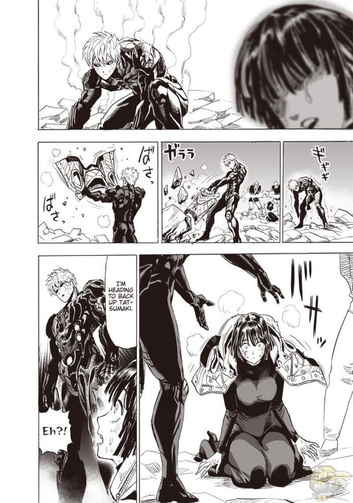 Genos stands up, pulls a cloth, covers it on Fubuki's shoulders, and heads back to back up Tatsumaki.