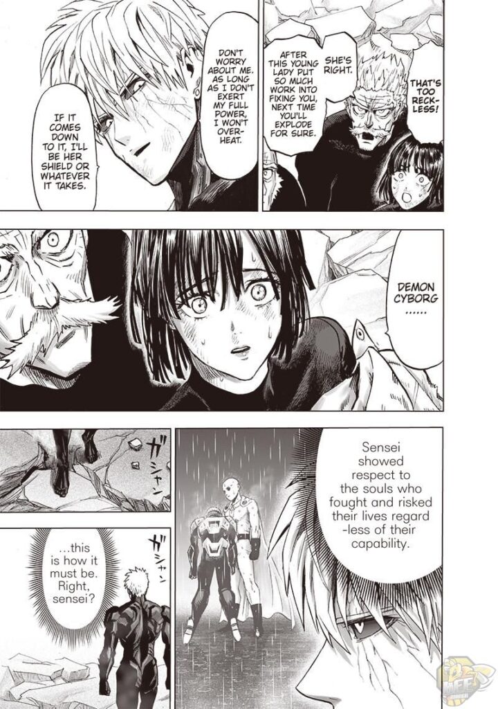 Bang and Fubuki try to stop him, but Genos assures him he won't explode. He also remembers Saitama's examples before.