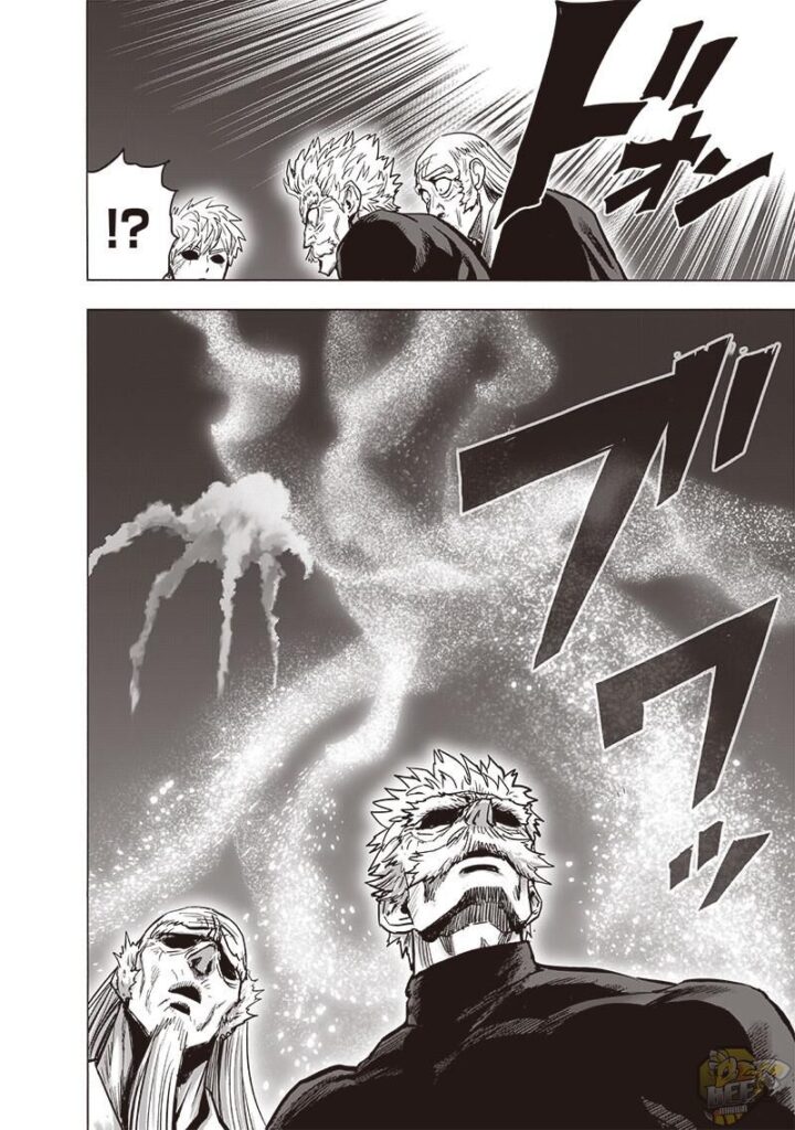 Bang, Bomb, and Genos look up at the sky and notice exploding and glowing lights.