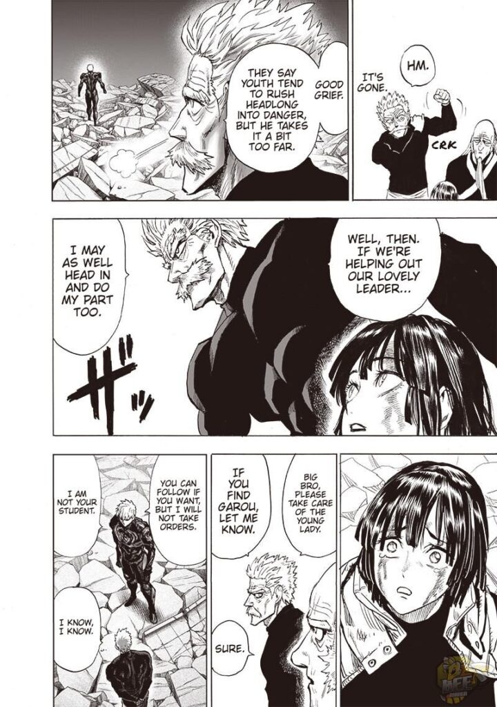 Bang exercises her arm and proceeds to help Genos. He leaves Fubuki under Bomb's care.