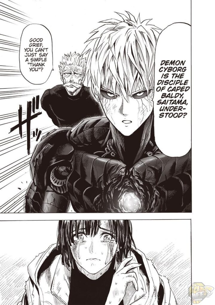 Genos starts walking while Bang follows him from behind. Fubuki sheds tears while watching them.