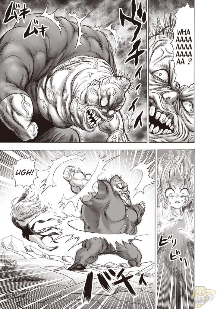 Fuhrer Ugly becomes more uglier with muscles bulging. He breaks free from Tatsumaki's restraints.