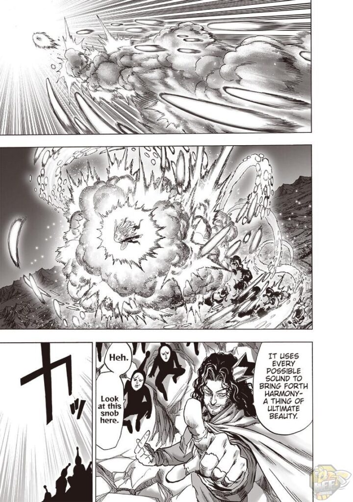 Tatsumaki flies while being chased by the light that explodes behind her. Homeless Emperor keeps controlling them.