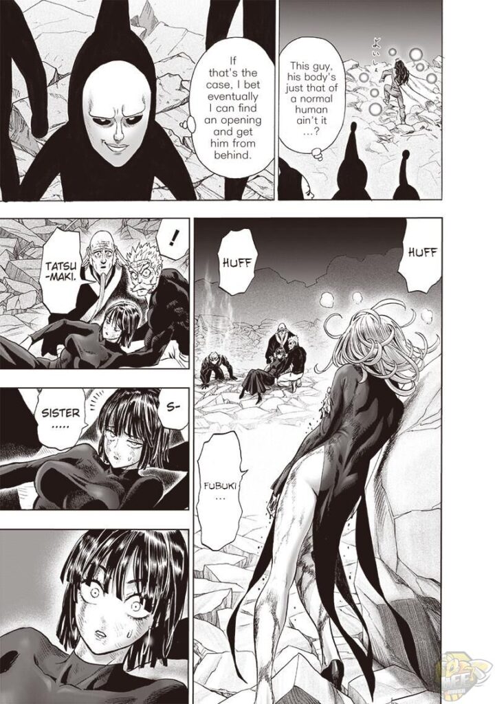 Black Sperm infers that Homeless Emperor only has a normal human body. Tatsumaki appears to Bang, Bomb, Fubuki, and Genos.