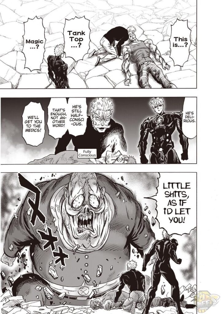 Tank-top Master is half-conscious. Fuhrer Ugly stands back up, preventing Genos and Bang from leaving.