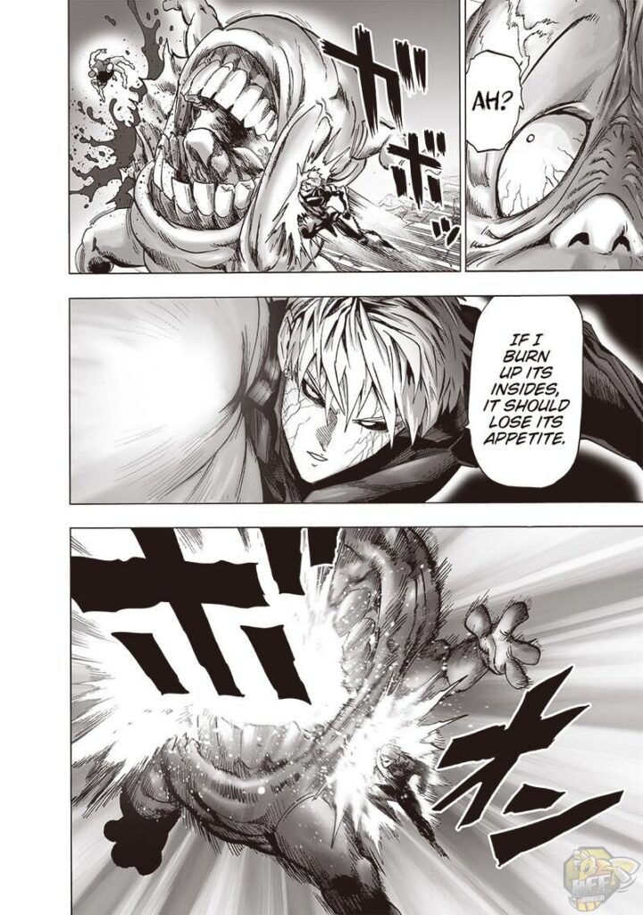 Genos follows up and burns Gums' insides from the hole Bang made.