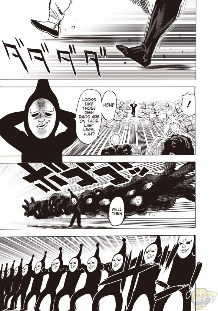 Black Sperm appears in front of Bang and Genos. He suddenly makes copies and surrounds the heroes.