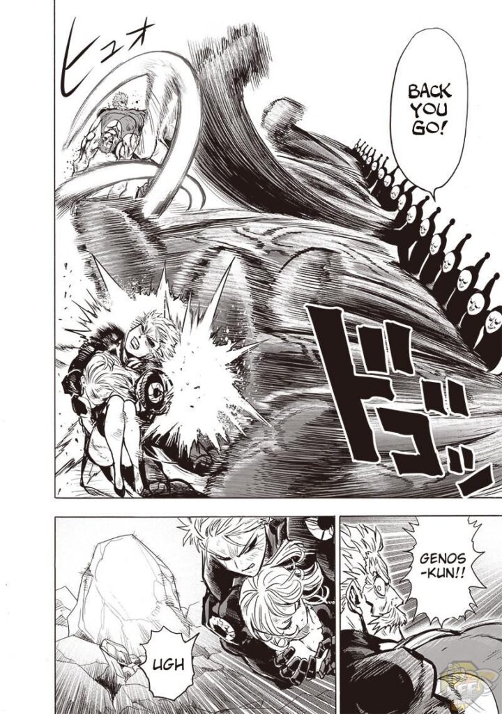 Black Sperm and his copies punch Genos and Bang, who are carrying the injured heroes.