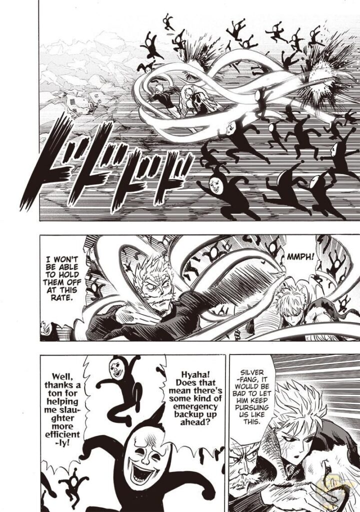 Copies of Black Sperm pursue Bang and Genos. The two heroes deflect their attacks while running.