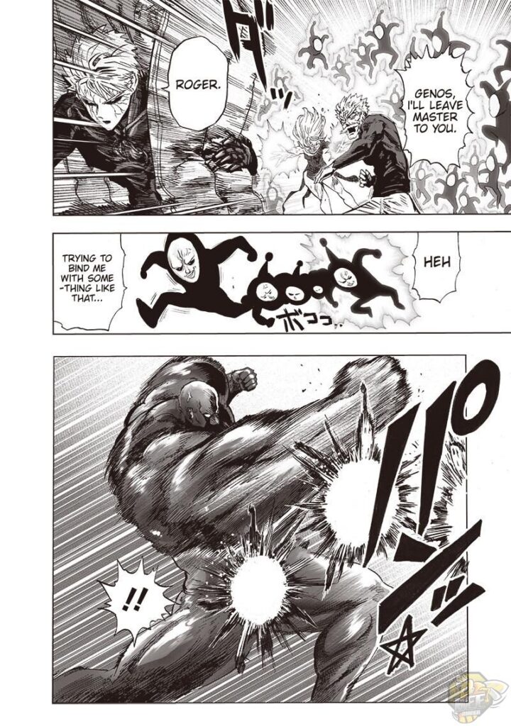 Genos swiftly runs as Bang and Tasumaki fight Black Sperm. Superalloy Darkshine suddenly arrives and punches the copies.