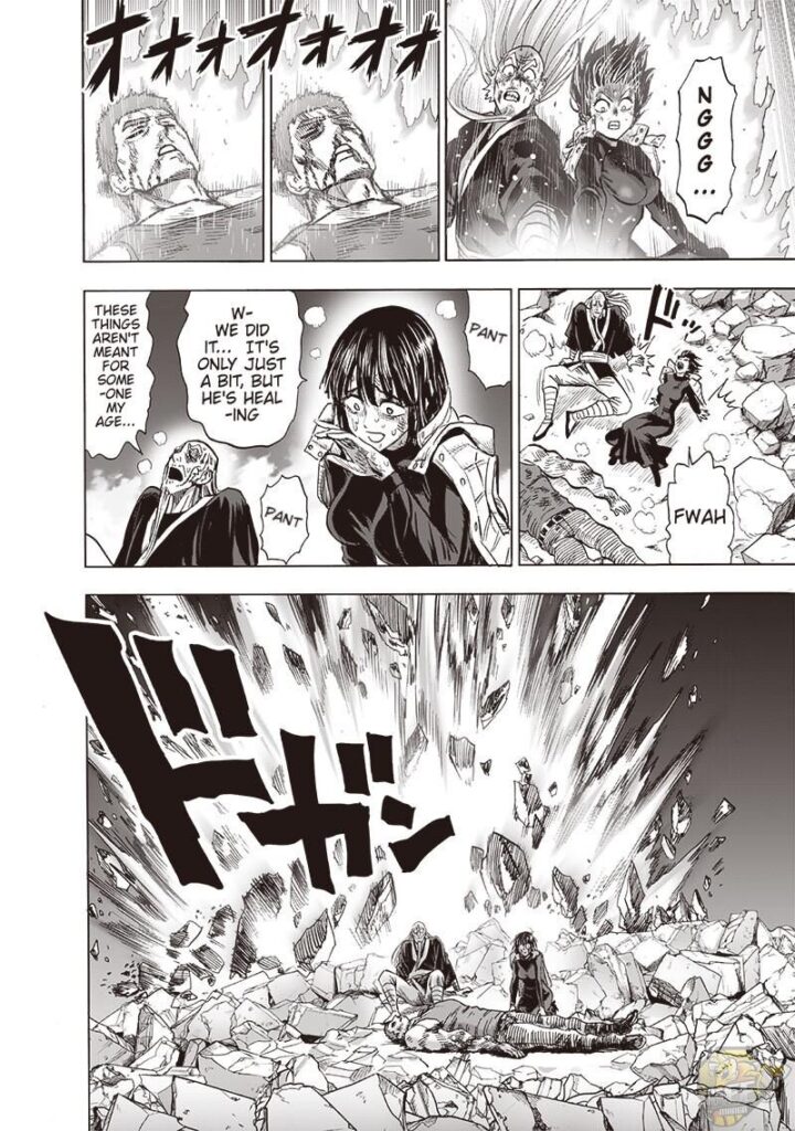 Bomb, Fubuki, and Tank-top Master during the healing process which becamne succesful. An explosion rocks behind them.