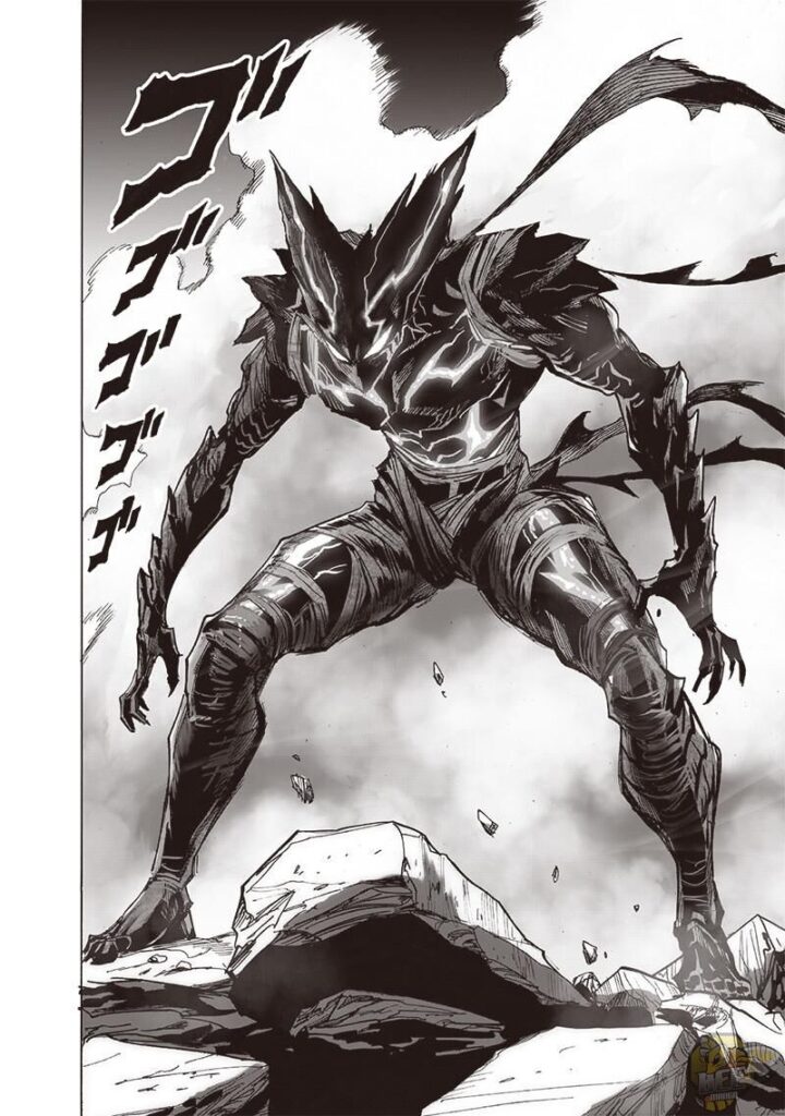 Garou looks menacing as he stands on the rubble while some of his clothes wave and smoke appear behind him.