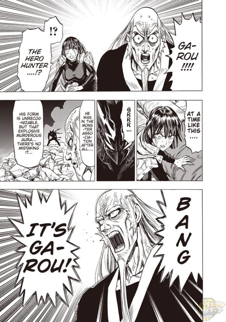 Bomb and Fubuki notice Garou's arrival. Bomb calls Bang.