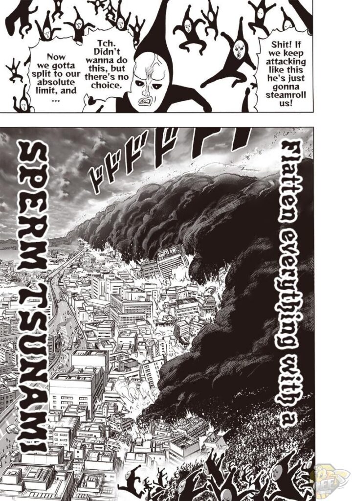 Black Sperm plans to create many copies and devour the city buildings with his attack called "Sperm Tsunami".