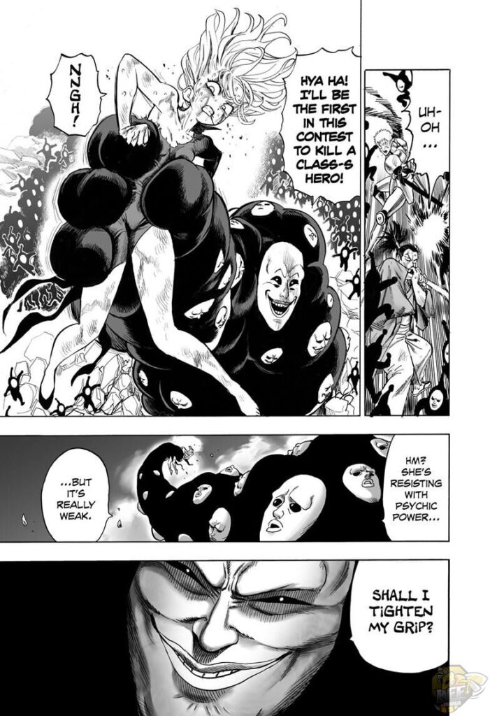 Tatsumaki tries to break free, but the giant Black Sperm grips her even more.