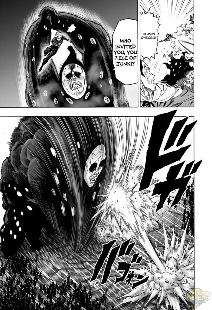 Another giant Black Sperm suddenly appears behind Genos and smashes him to the ground.