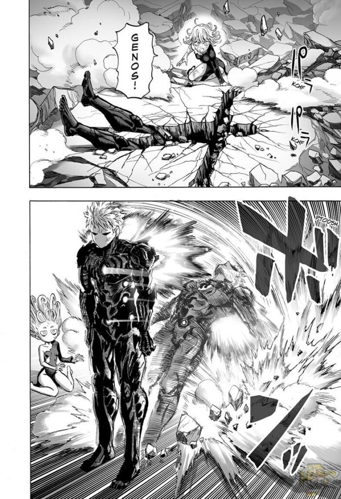 Genos falls near Tatsumaki and swiftly stands back up, surprising the Tornado of Terror.