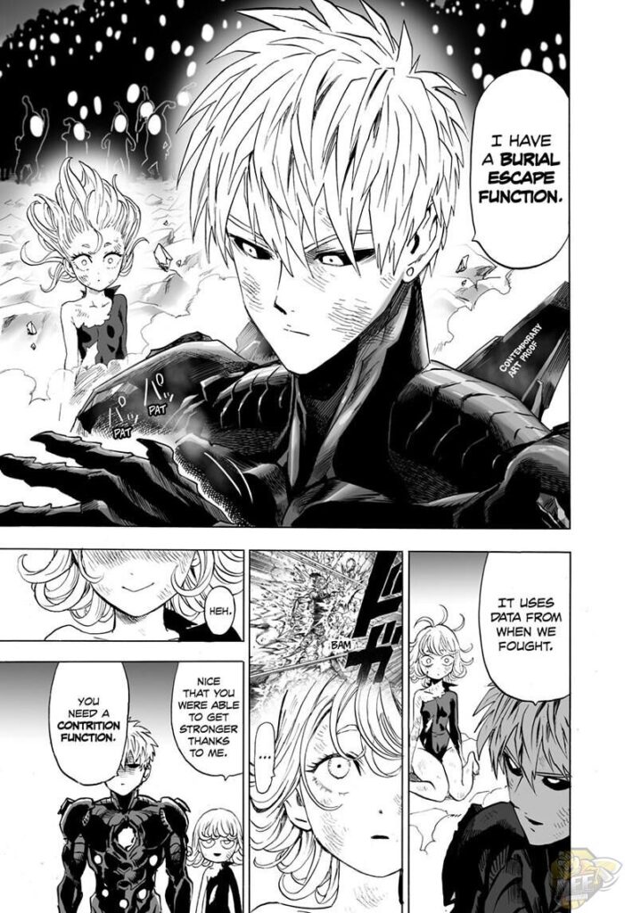 Genos explains his "Burial Escape Function" to Tatsumaki.