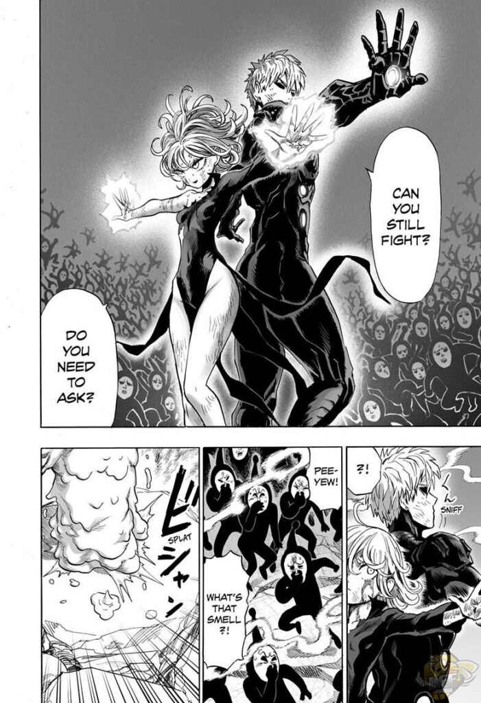 Genos and the sexy Tatsumaki stand back to back, stretching their arms when they smell something terrible.