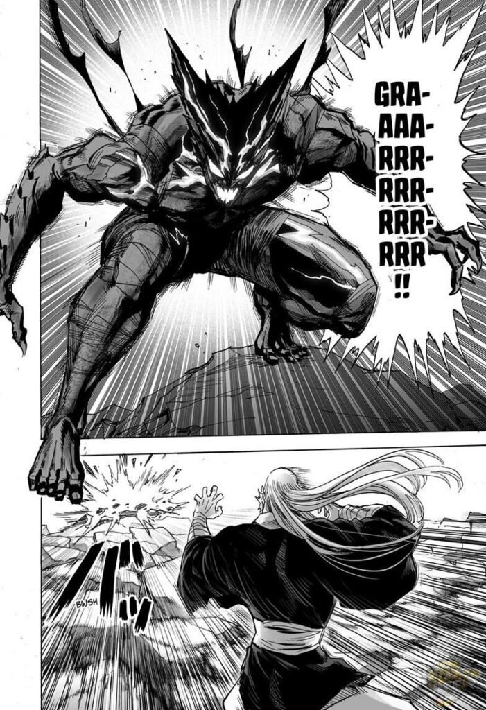 Garou crouches and attacks Bomb.