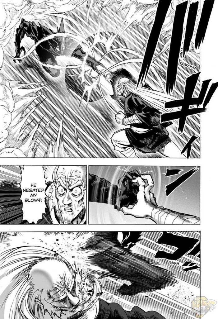 Amidst the dust, Garou negated Bombs attack and kicked the old man in the face.