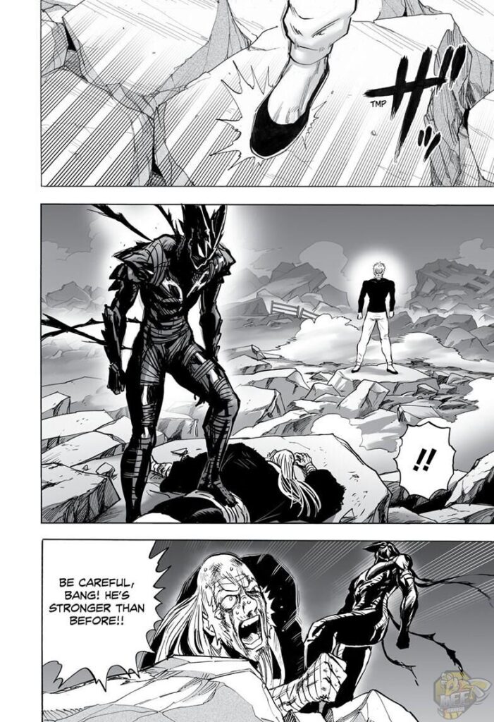 Bang arrives and sees Garou stepping on Bomb after defeating him. Bomb warns Bang about Garou's strength.