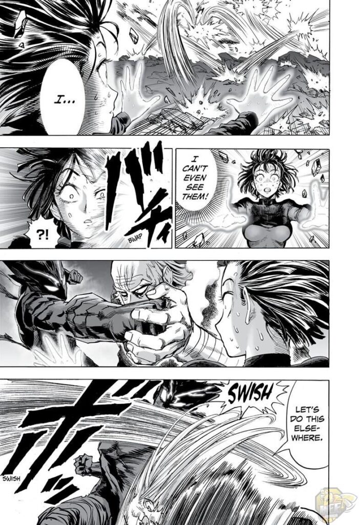 Fubuki is shocked as she can't see Garou and Bomb fighting. Bomb stops Garou's punch from hitting Fubuki.