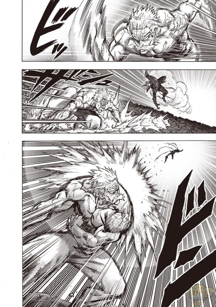 Bang follows through and attacks Garou, sending him upward before he hits the ground.