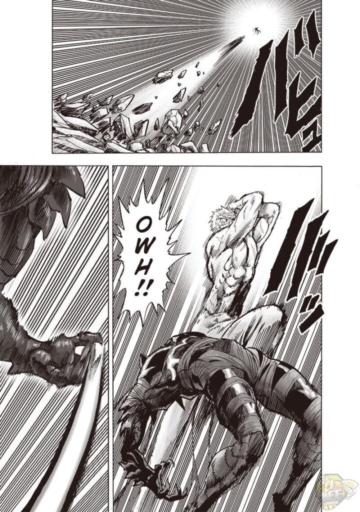 Bang jumps, following Garou, and prepares another attack.