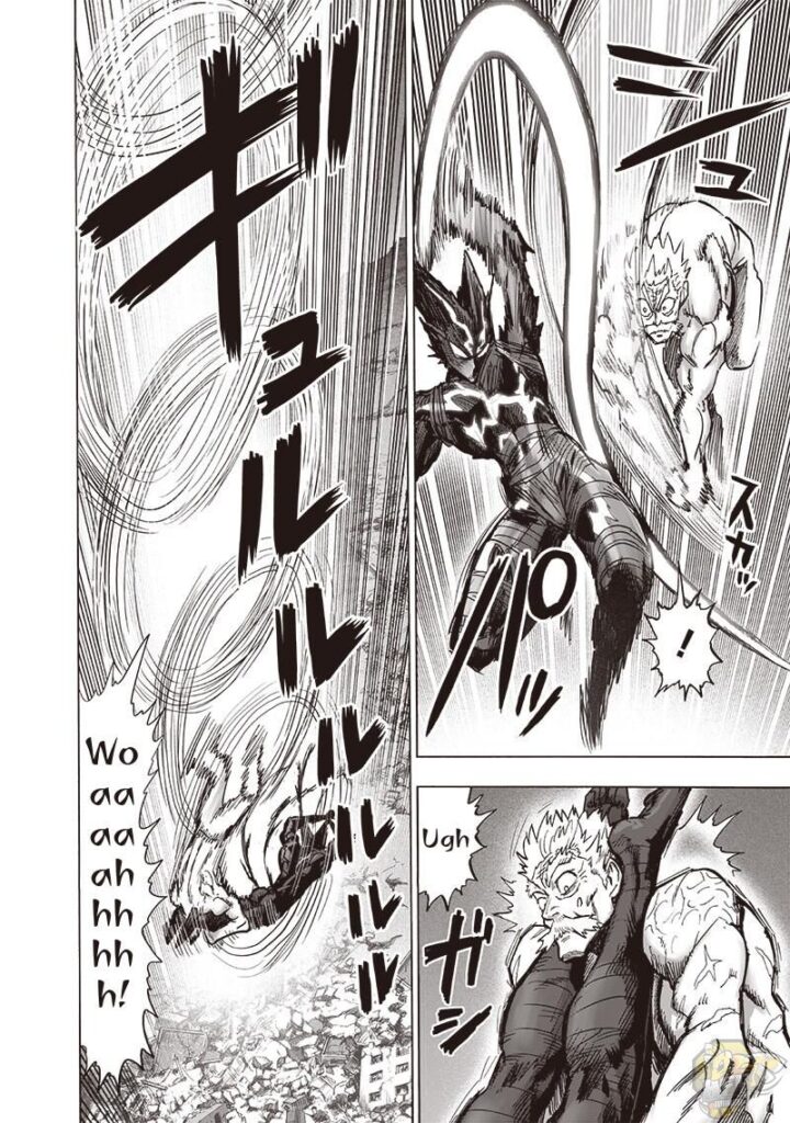 Bang's attack misses as Garou flips. He holds Bang's neck using his feet and spins him downward.