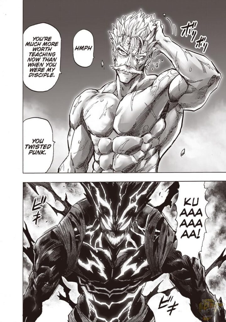 Bang acknowledges Garou's strength. Garou growls with his body and face glowing.