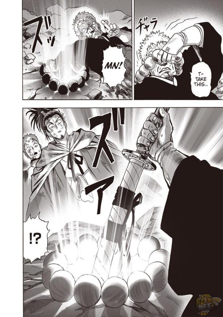 Nichirin crosses his fingers and pulls out a sword from his huge necklace balls.