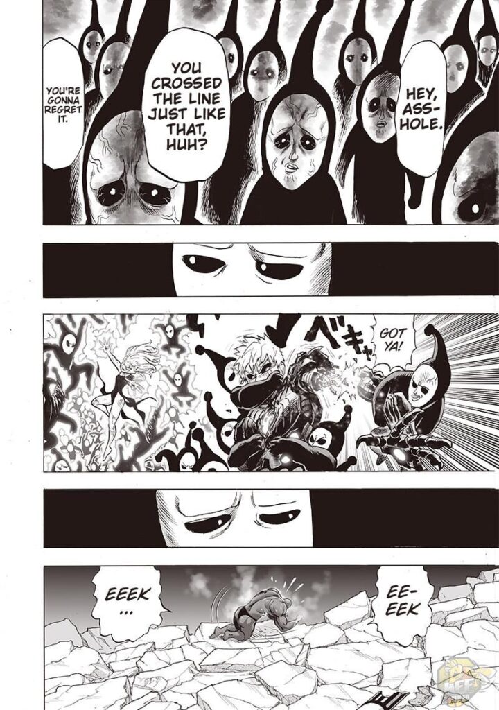 Black Sperm copies are pissed at Vomited Fuhrer Ugly. Genos and Tatsumaki still fight the copies. Darkshine is down.