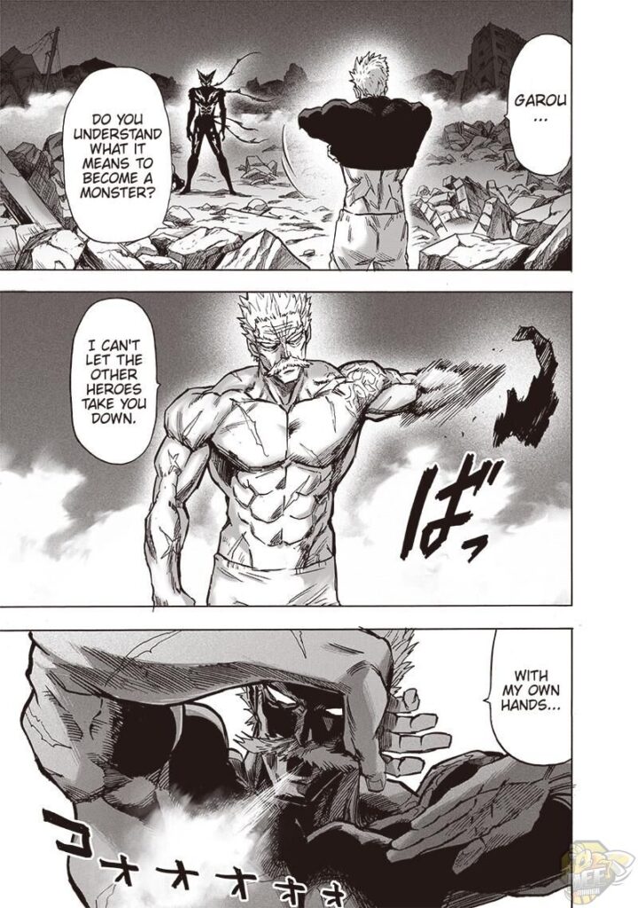 Bang removes his shirt and makes a marital arts stance, preparing to fight Garou.