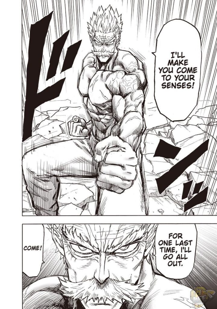 Bang shows his muscular body while making a martial arts stance, inviting Garou to attack him.