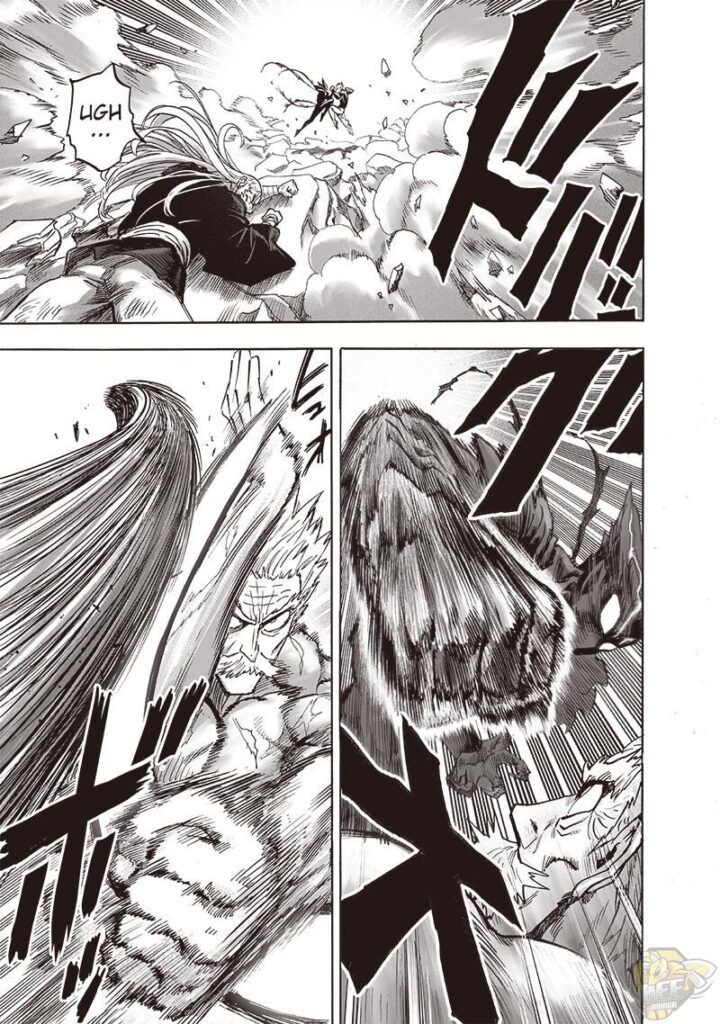 Bomb covers his eyes for the shockwave. Garou punches Bang, but he deflects it.