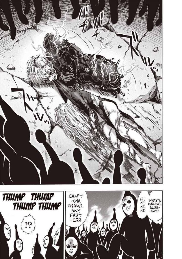 Genos is now severely damaged as he crawls, pulling Tatsumaki with his mouth. Black Sperm surrounds them.