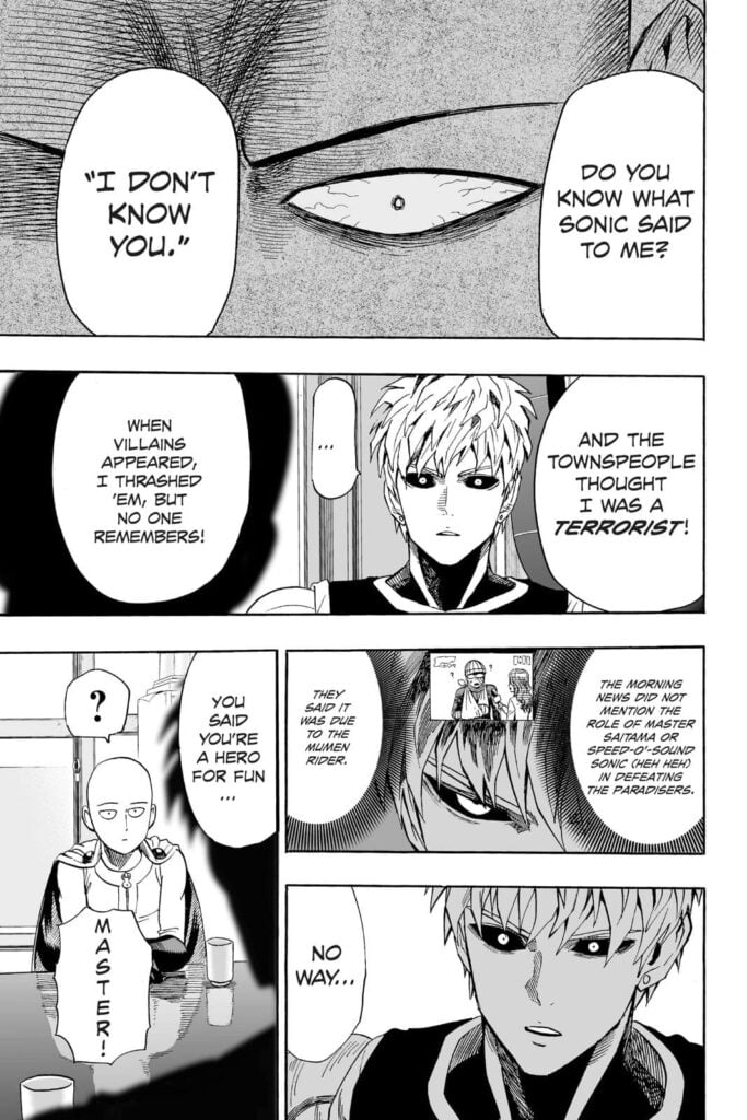 Genos saw the news stating that Mumen Rider beat the Paradisers.