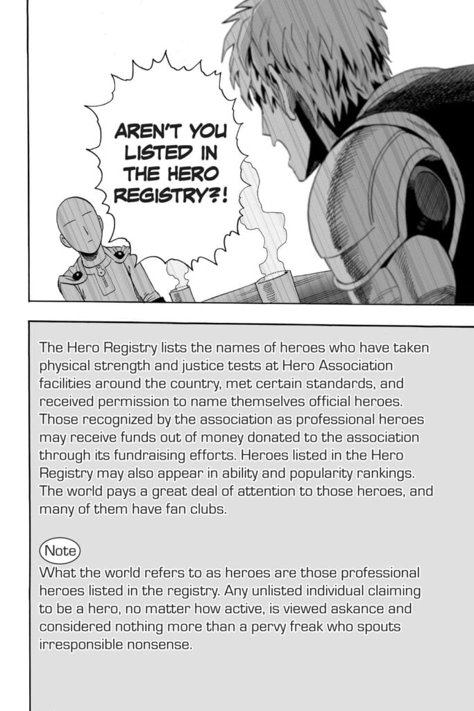 Saitama looks frustratingly dumbfounded after hearing Genos ask him if he is listed in the Hero Registry.