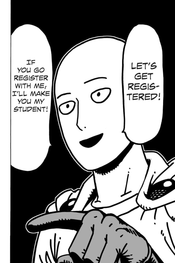 Saitama looks happy asking Genos to register with him and him accepting as his disciple.