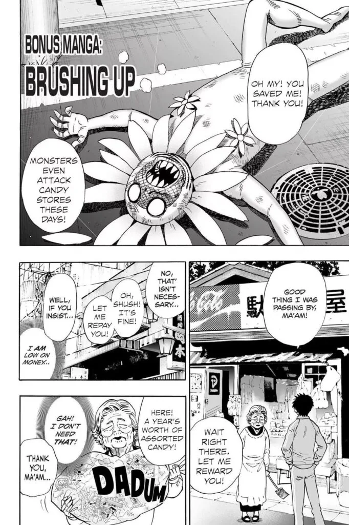 A grandma thanks the young Saitama (still has hair) after defeating a monster with sunflower head.