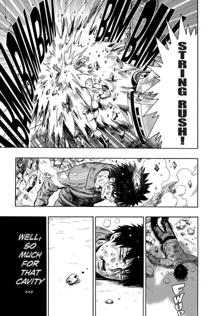 Saitama gets knocked down after hitting another punch from Incarnation of Electric Light String.