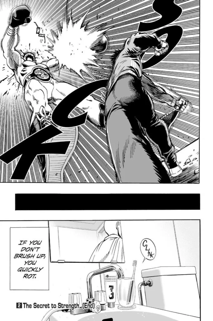 Saitama punches Incarnation of Electric Light String and defeated him. The panel below shows Saitama already bald.