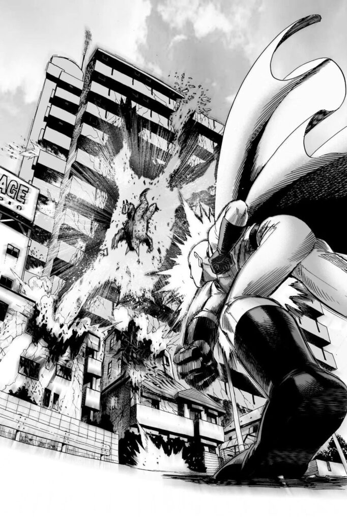 Saitama sending a dinosaur flying and hitting a building with only one punch.